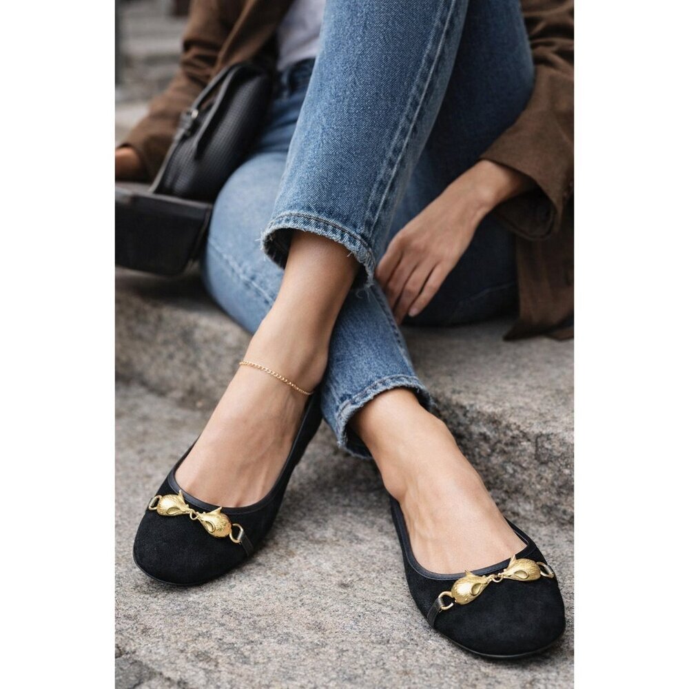 Marc Jacobs Black Suede Ballet Flats Gold Mouse Hardware EU 37 US 6.5 Luxury